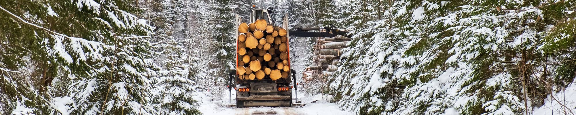 Lorry driving through snow on forest road in North Wales